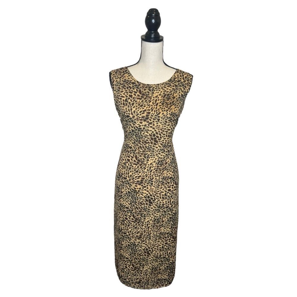 Y2K Sag Harbor Petite Brown & Black Cheetah Print Midi Dress w/ Tie Size 16 P